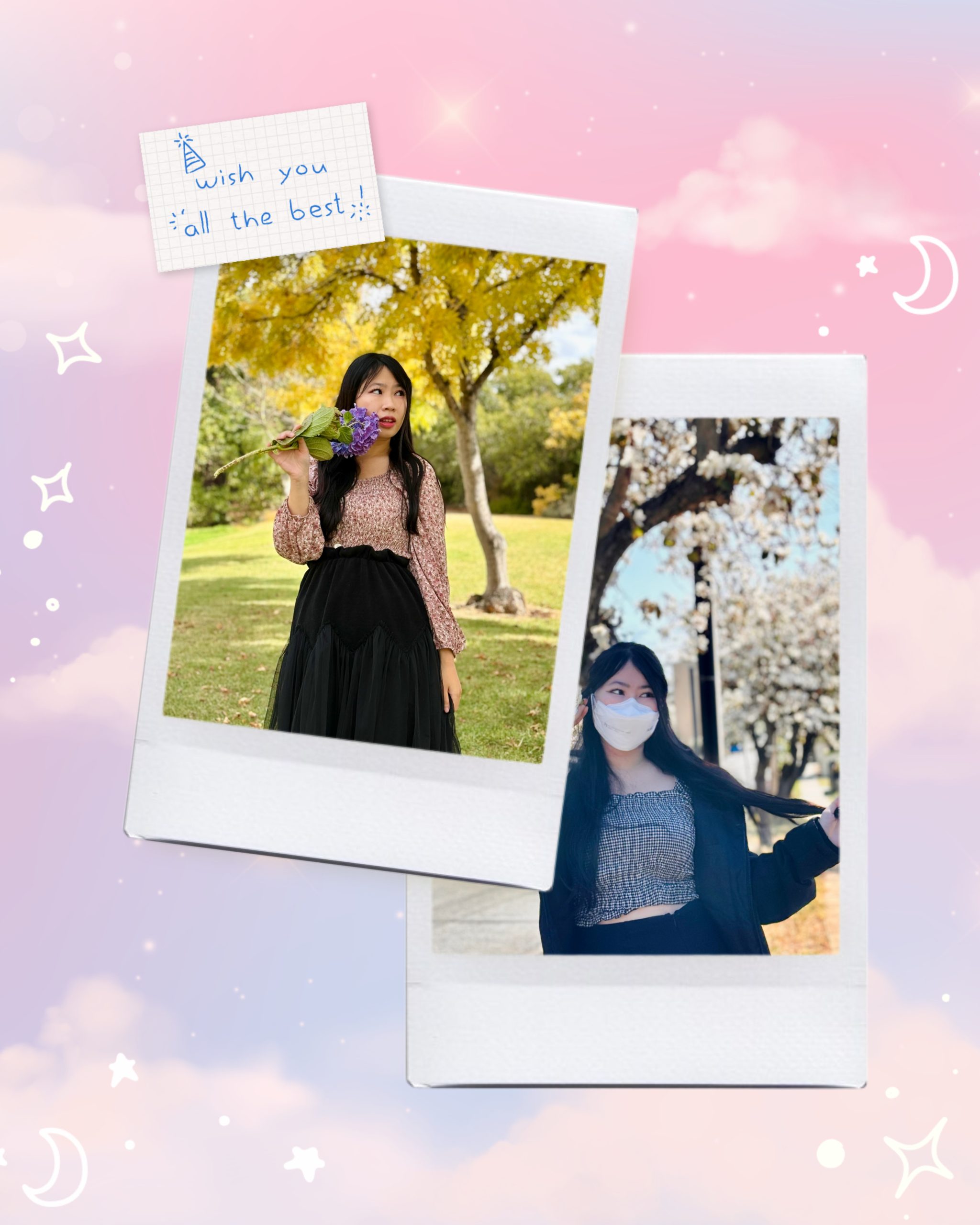 polaroid scrapbook aesthetic photo collage of Ly Luan. She is a vietnamese woman with long black hair, outdoors, and wearing a blouse top and long skirt.